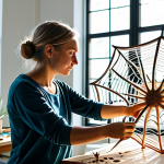 A professional female artist, fully clothed in modest studio attire, meticulously crafting a large, intricate biomimetic sculpture in a brightly lit, modern art studio. The sculpture features delicate, interconnected patterns inspired by spider webs and leaf venation, showcasing the hidden magic of nature's structures. Natural light filters through large windows, highlighting the organic forms. The artist's pose is natural and focused, with perfect anatomy and well-formed hands. This image is safe for work, appropriate content, and family-friendly, rendered with professional photography and high-quality detail.