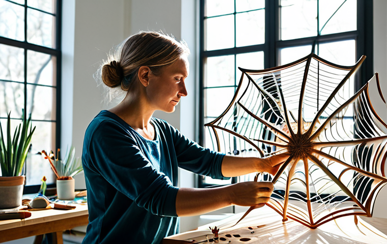 A professional female artist, fully clothed in modest studio attire, meticulously crafting a large, intricate biomimetic sculpture in a brightly lit, modern art studio. The sculpture features delicate, interconnected patterns inspired by spider webs and leaf venation, showcasing the hidden magic of nature's structures. Natural light filters through large windows, highlighting the organic forms. The artist's pose is natural and focused, with perfect anatomy and well-formed hands. This image is safe for work, appropriate content, and family-friendly, rendered with professional photography and high-quality detail.