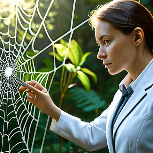 Home 7 A professional female scientist, fully clothed in a modest business suit, thoughtfully observing a detailed, intricate spider web in a lush, sunlit natural environment. Her expression is focused and curious, conveying deep concentration. In the background, abstract, subtle blueprints and biomimetic design sketches blend seamlessly with natural forms, illustrating the transition from natural observation to innovative human design. The scene emphasizes the beauty of learning from nature. Perfect anatomy, correct proportions, natural pose, well-formed hands, proper finger count, natural body proportions, professional photography, high quality, safe for work, appropriate content, fully clothed, professional dress.