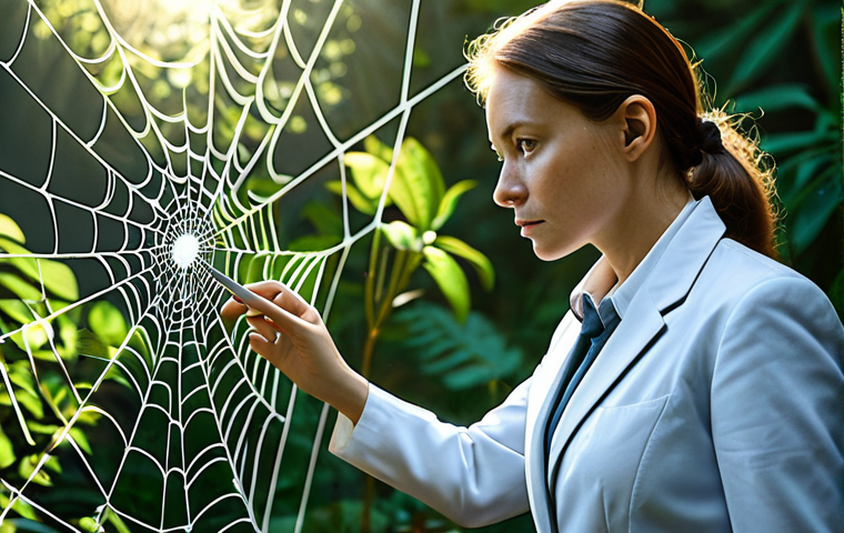 A professional female scientist, fully clothed in a modest business suit, thoughtfully observing a detailed, intricate spider web in a lush, sunlit natural environment. Her expression is focused and curious, conveying deep concentration. In the background, abstract, subtle blueprints and biomimetic design sketches blend seamlessly with natural forms, illustrating the transition from natural observation to innovative human design. The scene emphasizes the beauty of learning from nature. Perfect anatomy, correct proportions, natural pose, well-formed hands, proper finger count, natural body proportions, professional photography, high quality, safe for work, appropriate content, fully clothed, professional dress.
