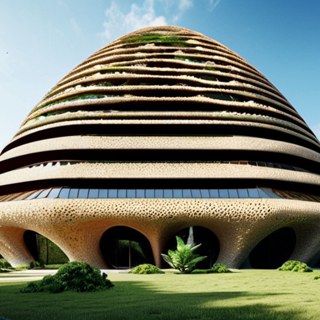 Biomimicry Architecture - Termite Mound Inspiration**
"A futuristic office building with a complex, organic ventilation system inspired by termite mounds, fully clothed people working inside, natural light filtering through the structure, lush greenery surrounding the base, sustainable design, safe for work, appropriate content, professional architecture, perfect anatomy, natural proportions, modest attire."
**