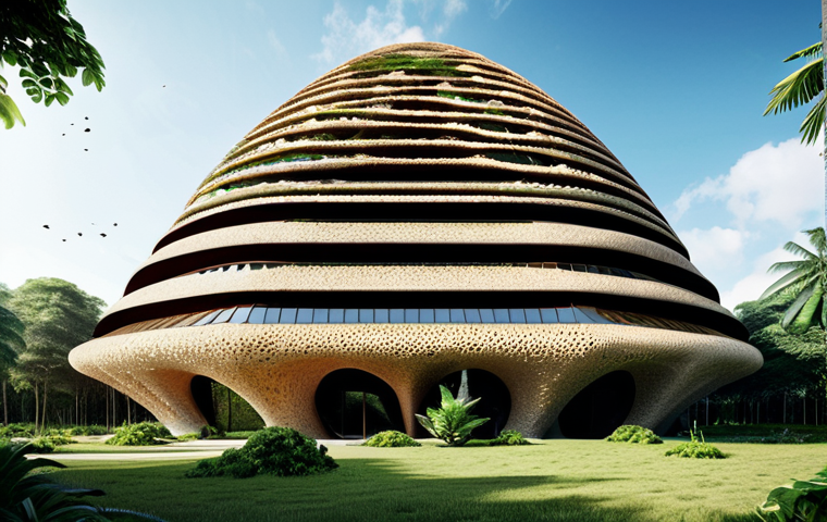 Biomimicry Architecture - Termite Mound Inspiration**
"A futuristic office building with a complex, organic ventilation system inspired by termite mounds, fully clothed people working inside, natural light filtering through the structure, lush greenery surrounding the base, sustainable design, safe for work, appropriate content, professional architecture, perfect anatomy, natural proportions, modest attire."
**
