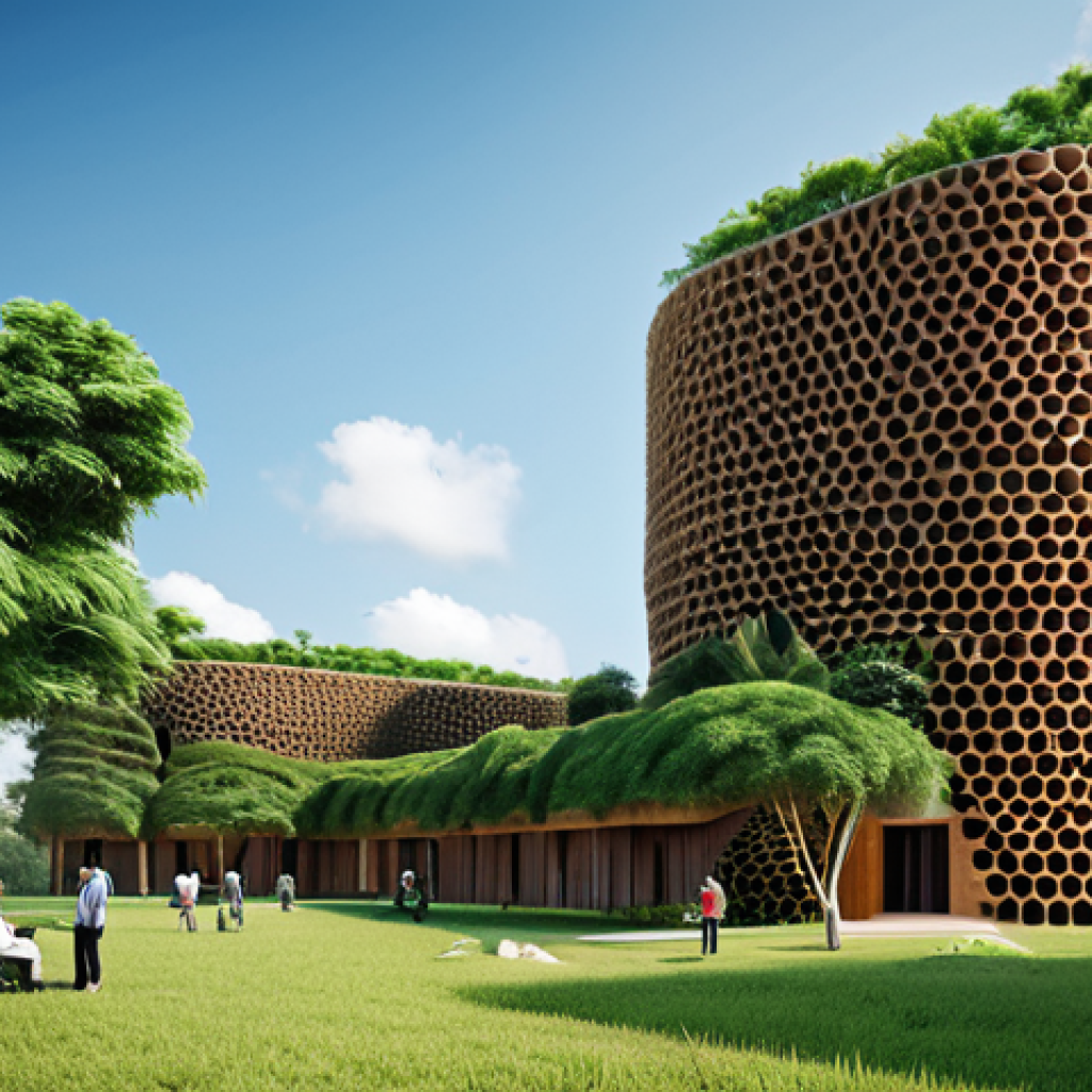 생체모방 예술의 커뮤니티 참여 - Sustainable Architecture**
"A modern, eco-friendly building exterior inspired by termite mounds, ut...