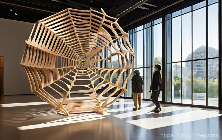생체모방 예술의 전시 기획 전략 - **Prompt 1: "Biomimetic Gallery of Organic Forms"**
"A grand, modern art gallery interior, bathe...