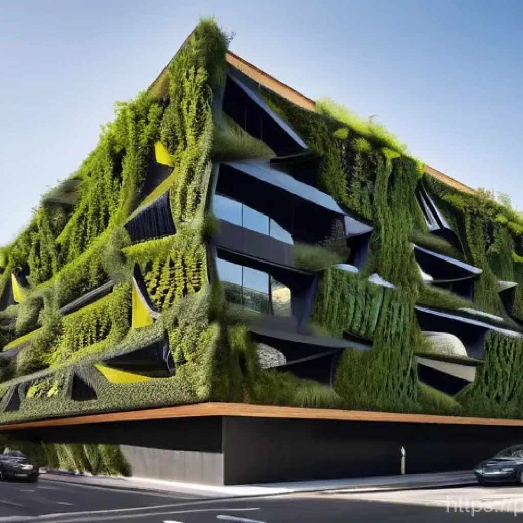 생체모방 예술의 대표적인 전시회 - **Prompt:** A sleek, sustainable architectural building with a façade and ventilation system directl...