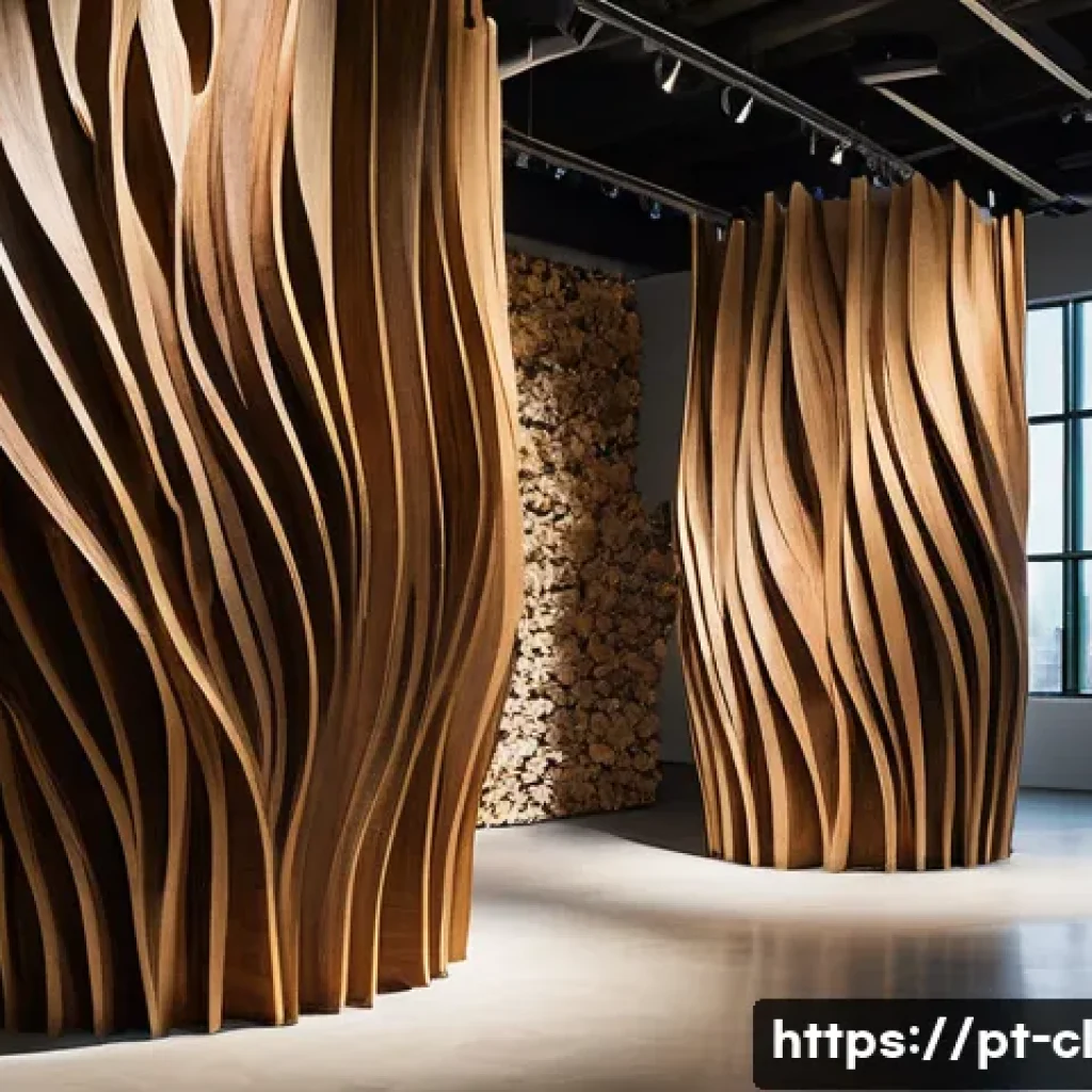 생체모방 예술의 비평적 접근 - A detailed, immersive art installation inspired by biomimicry, featuring large organic sculptures wi...