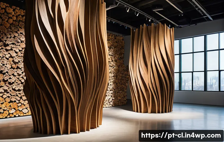 생체모방 예술의 비평적 접근 - A detailed, immersive art installation inspired by biomimicry, featuring large organic sculptures wi...