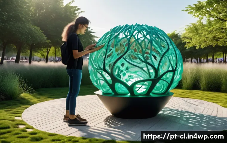 생체모방 예술의 미래 전망 - A futuristic art installation showcasing biomimetic sculptures made with biodegradable materials, fe...