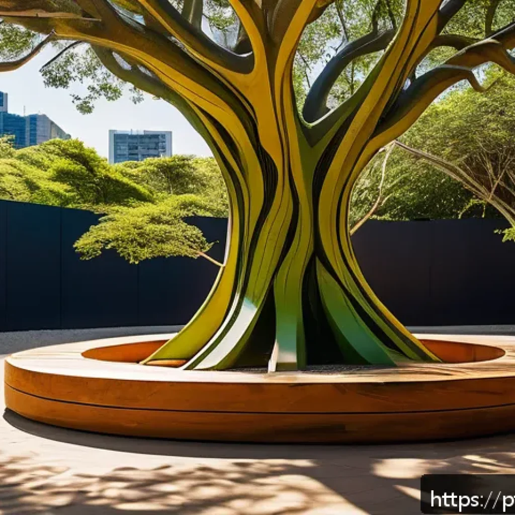 생체모방 예술과 공공 예술 - A vibrant urban park in Brazil featuring public art inspired by biomimicry, including benches shaped...