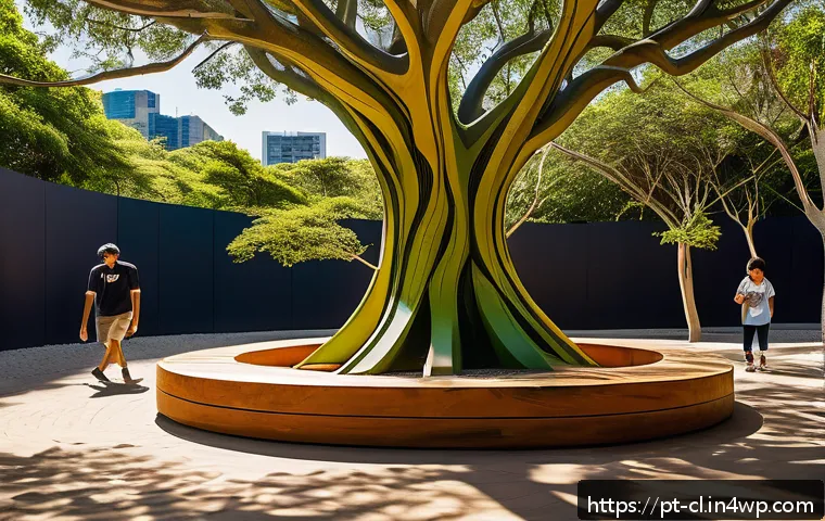 생체모방 예술과 공공 예술 - A vibrant urban park in Brazil featuring public art inspired by biomimicry, including benches shaped...